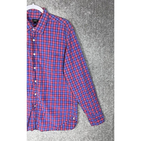 J Crew Long Sleeve Button Up Shirt Mens Size Large Red Blue Plaid Chest Pocket - Picture 5 of 11